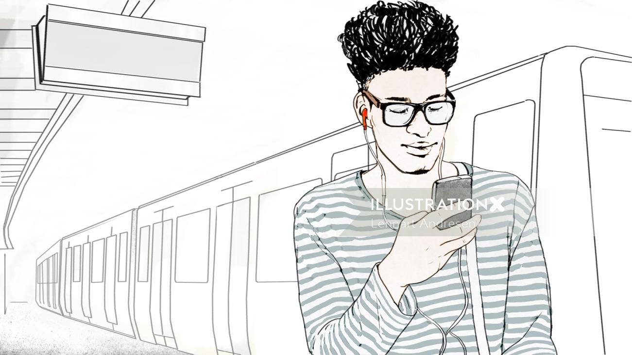 Arte lineal de Adolescente con móvil en Metro