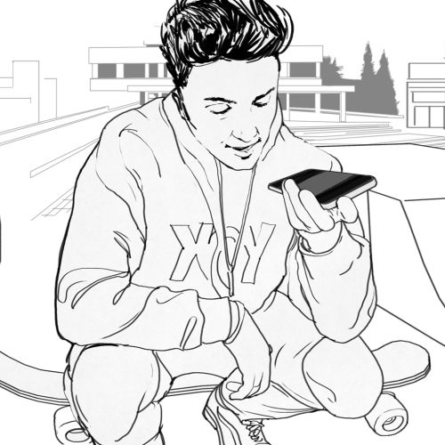Line art of teenager with mobile sitting on skateboard
