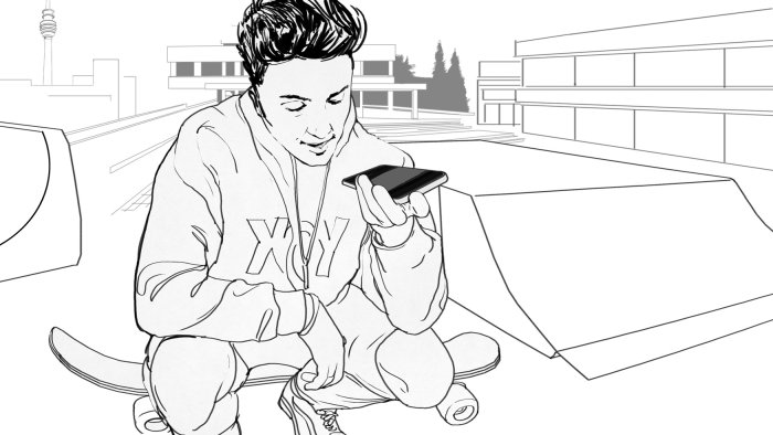 Line art of teenager with mobile sitting on skateboard
