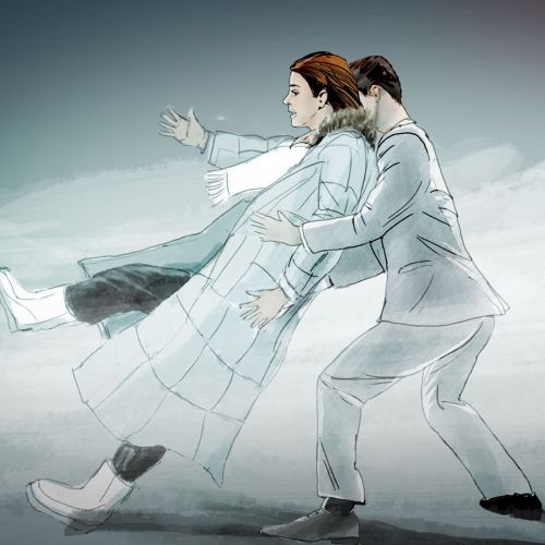 Sketch of couple walking against wind
