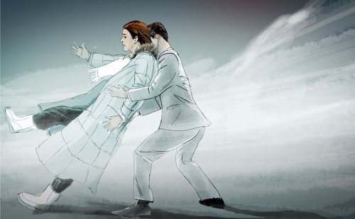 Desenho de casal caminhando contra o vento