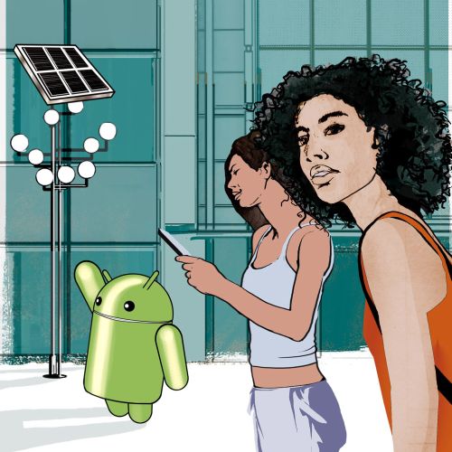 Storyboard illustration of beautiful woman with Android mascot
