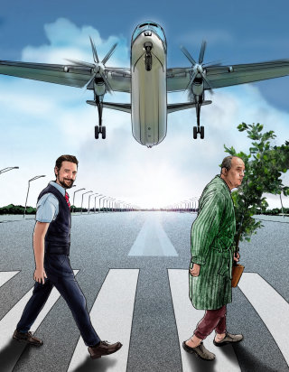 Ilustración de personas cruzando líneas de cebra con un avión volando
