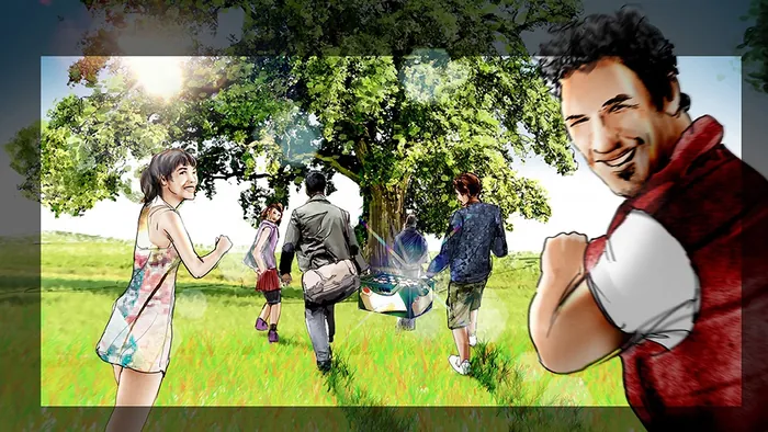 Group running in sunlit meadow with trees in background by Lennart Andresen