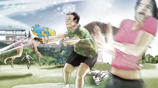 People playing ball game outdoors in sunny park by Lennart Andresen