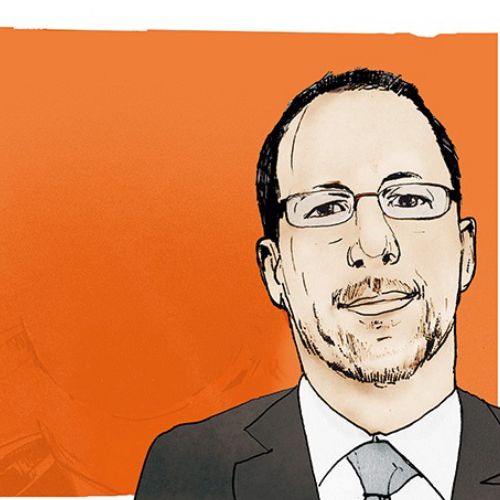 Illustration of two men in suits on orange background by Lennart Andresen