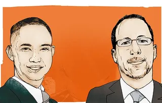 Illustration of two men in suits on orange background by Lennart Andresen
