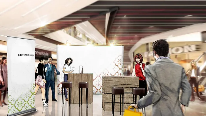 Modern shopping mall interior with visitors and kiosks by Lennart Andresen