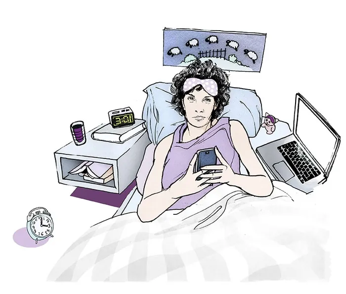 Person in bed using smartphone with clock and laptop nearby by Lennart Andresen