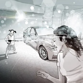 Child spraying water on car while adult watches, artwork by Lennart Andresen