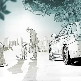 Man greeting dog next to a car in a city park by Lennart Andresen