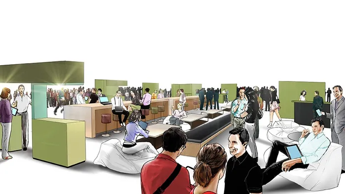 Illustrated modern waiting area with people interacting and waiting, by Lennart Andresen