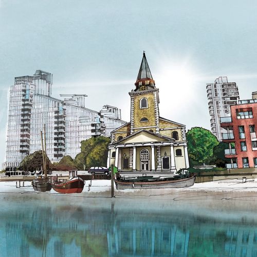 Waterfront scene with historic church, boat, and modern buildings