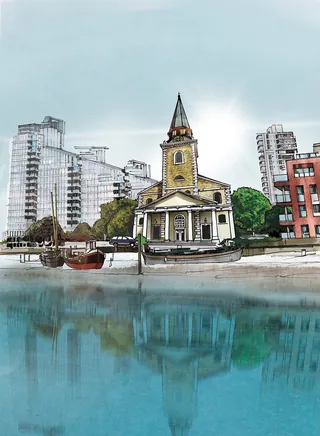 Waterfront scene with historic church, boat, and modern buildings