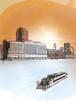 Modern boat sailing on a foggy river with city buildings and orange sky