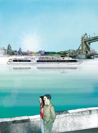 Couple by river with boat and Tower Bridge under bright sky