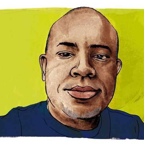 Watercolor painting of a bald man wearing a blue shirt on a yellow background