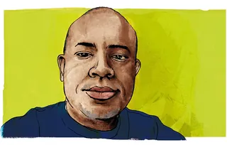 Watercolor painting of a bald man wearing a blue shirt on a yellow background