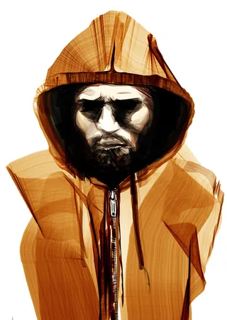 Portrait of a man wearing a brown hooded jacket with shadows on his face