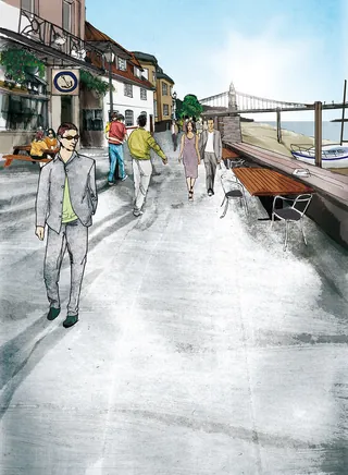 People strolling on a sunny waterfront promenade with a bridge in background