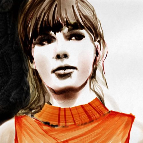 Young woman with brown hair in orange sleeveless top portrait