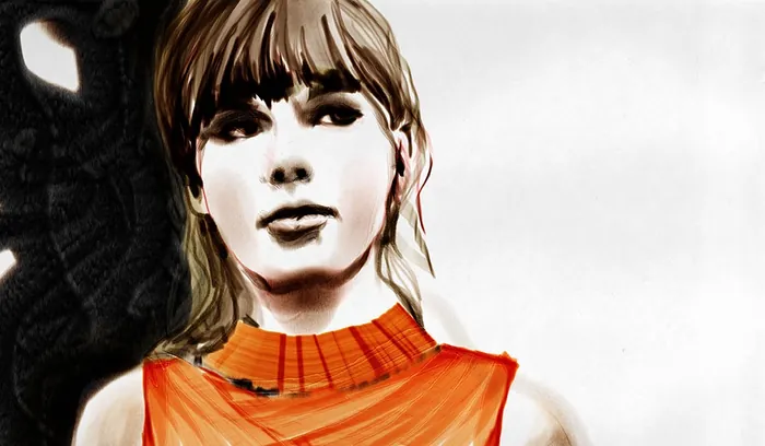 Young woman with brown hair in orange sleeveless top portrait