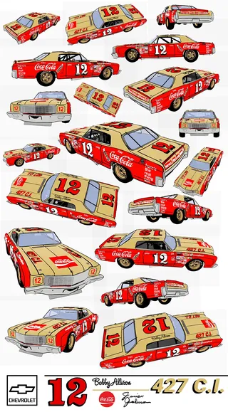 Illustrations of vintage red and beige Chevrolet racing car number 12 from various angles.