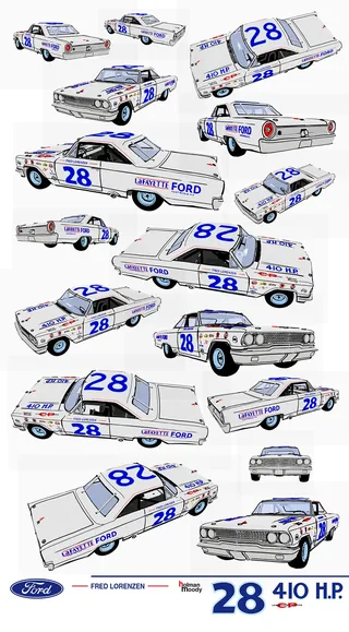 White Ford race car number 28 shown from various angles with blue accents