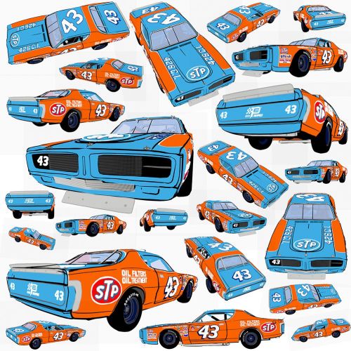 Various views of a classic blue and orange race car numbered 43