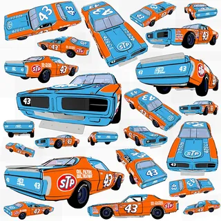 Various views of a classic blue and orange race car numbered 43