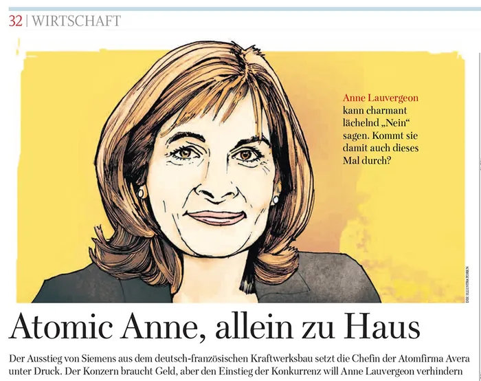 Portrait illustration of Anne Lauvergeon with friendly smile on yellow background