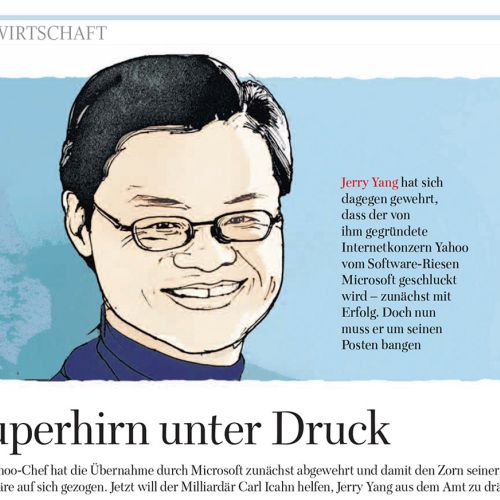 Illustration of Jerry Yang with glasses and smiling