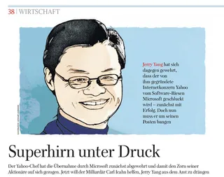 Illustration of Jerry Yang with glasses and smiling