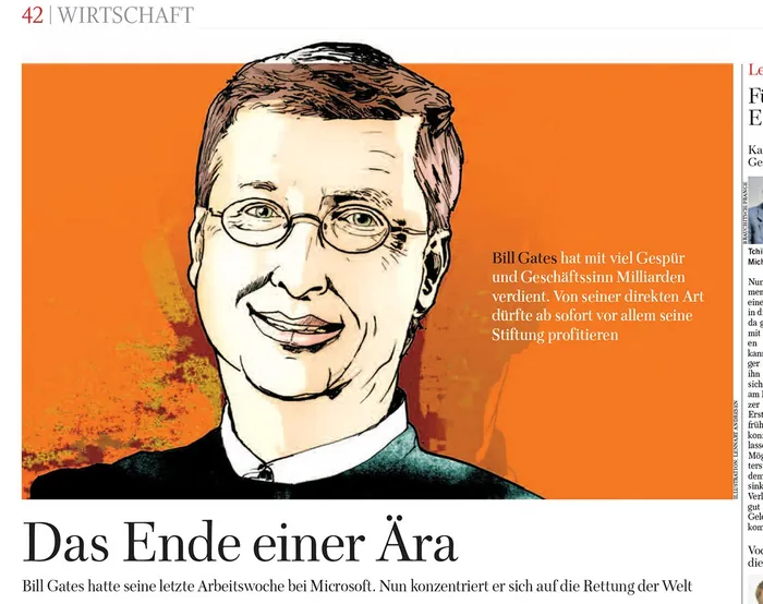 Drawing of Bill Gates with glasses and suit on orange background