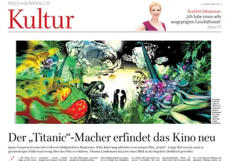 Surreal underwater scene with colorful abstract shapes and silhouettes of people