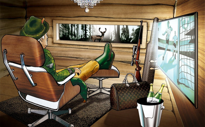 Cartoon & Humour man sitting in cabin
