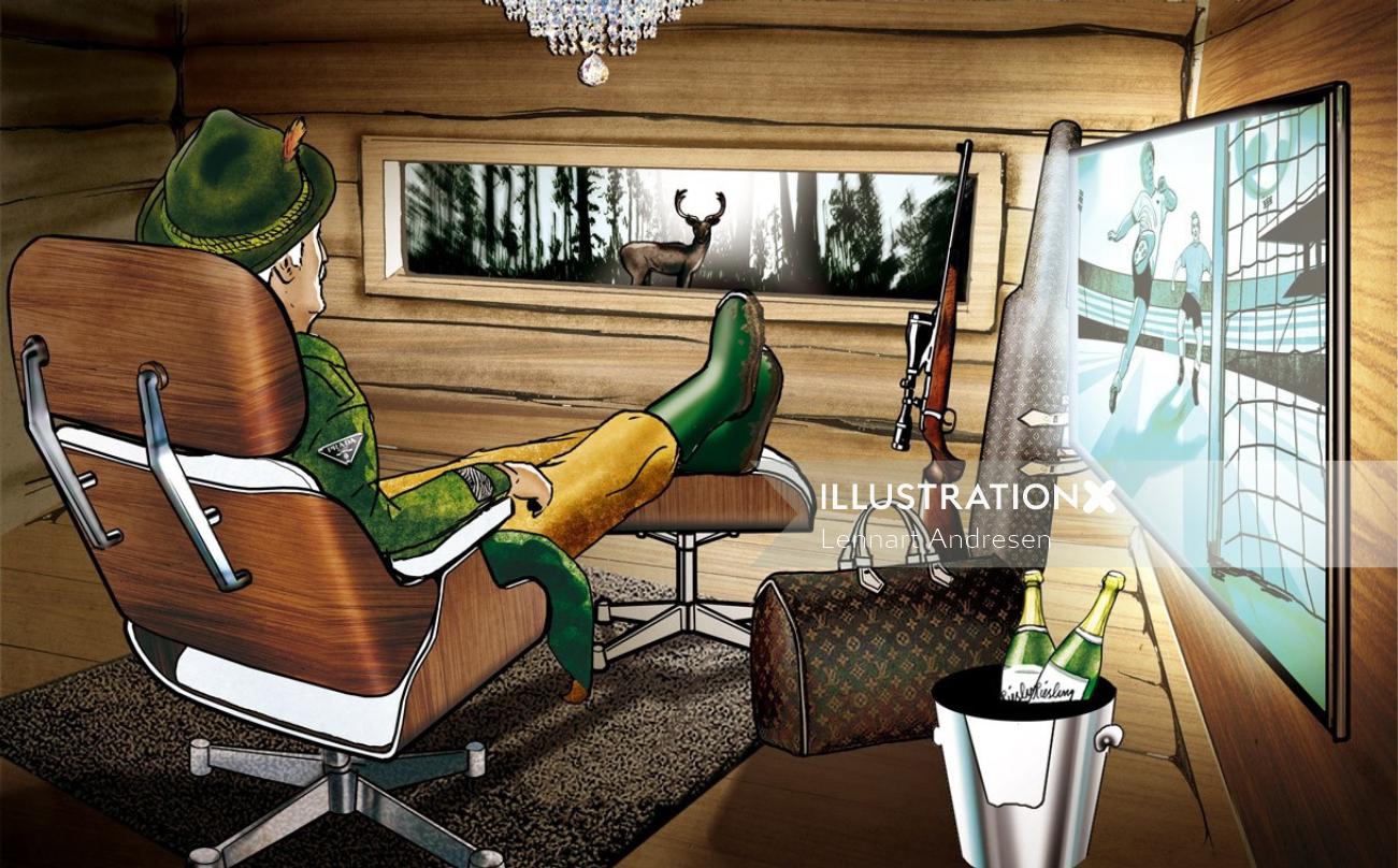 Hombre de dibujos animados y humor sentado en la cabina
