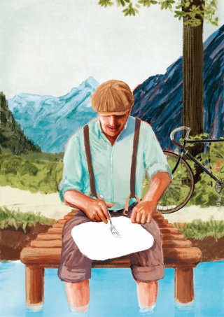 Ilustração de um homem sentado na ponte de água

