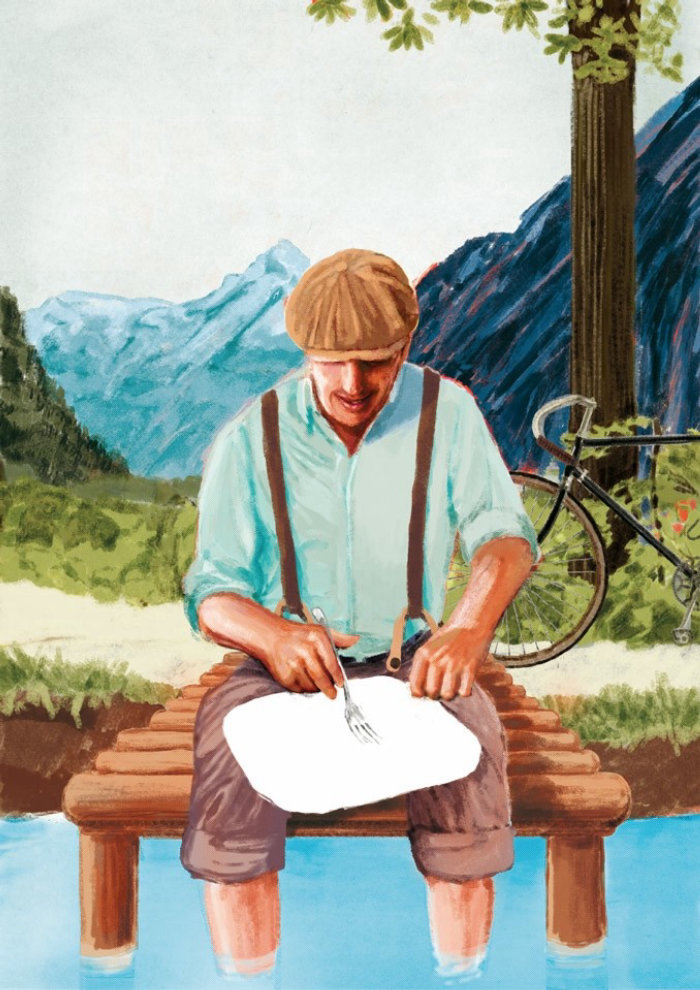 Illustration of man sitting on the water bridge
