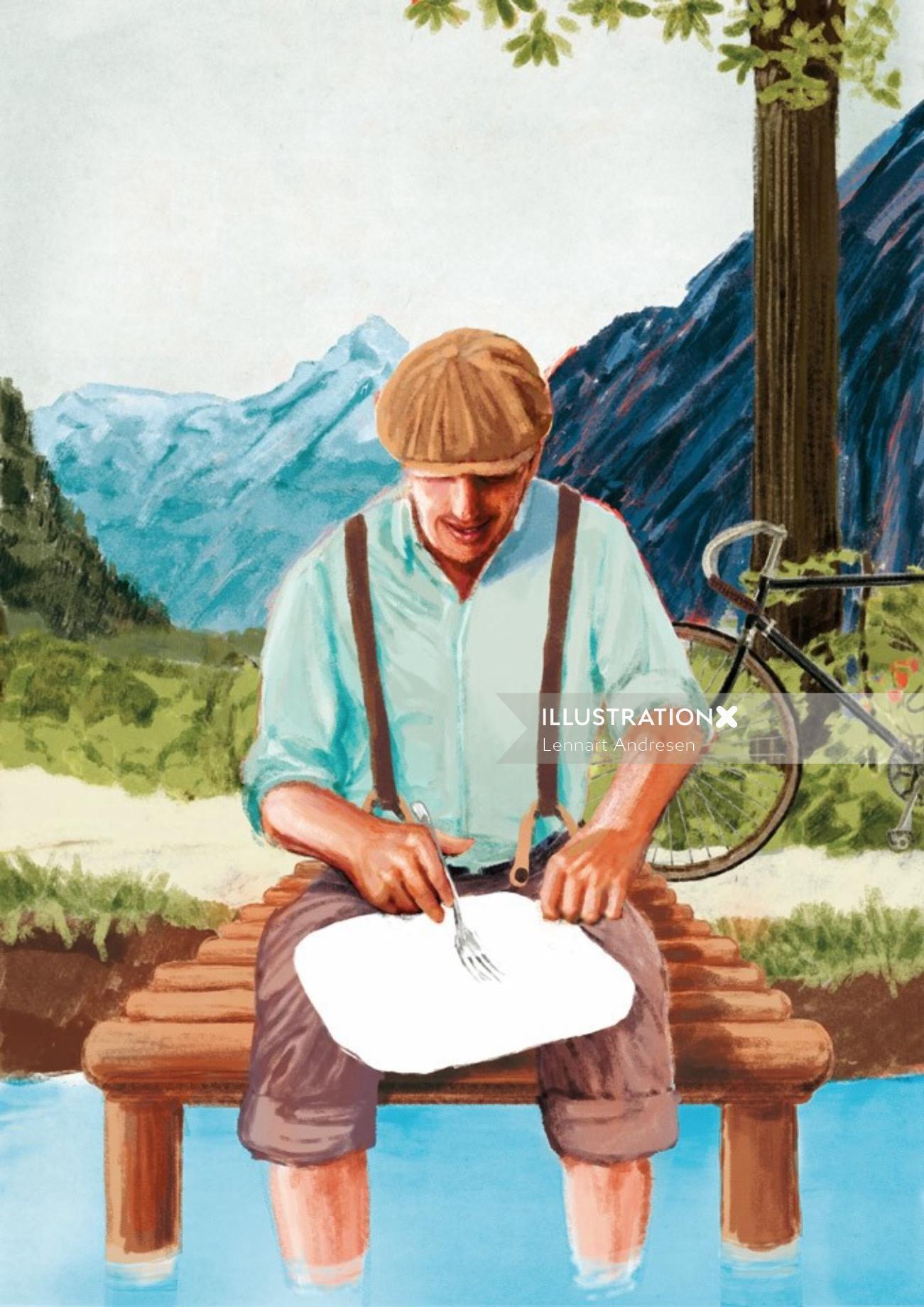 Ilustración del hombre sentado en el puente de agua