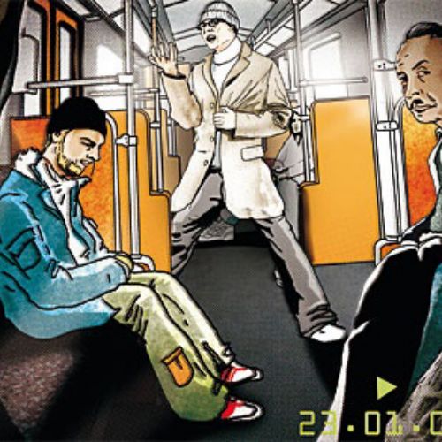 storyboard art of people travelling in train
