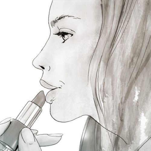 Pencil drawing of a young lady applying lipstick