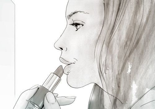Dessin au crayon d&#39;une jeune femme appliquant du rouge à lèvres