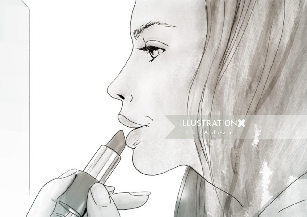 Pencil drawing of a young lady applying lipstick