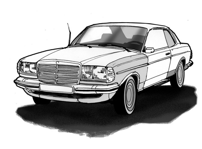 Black and white tehnical illustration of car
