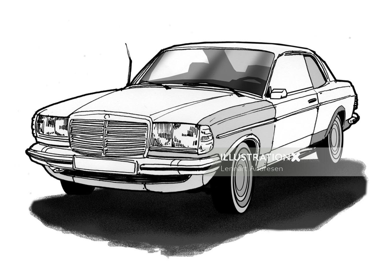 Ilustración técnica en blanco y negro del coche