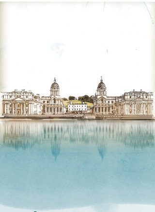 Boceto de palacio frente al agua.
