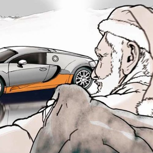 Drawing of santa looking at car