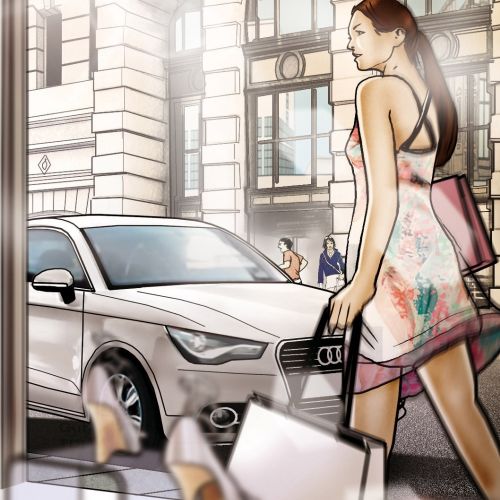 Illustration storyboard of woman walking in street
