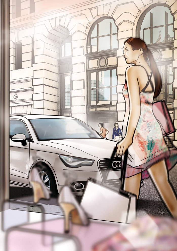 Illustration storyboard of woman walking in street
